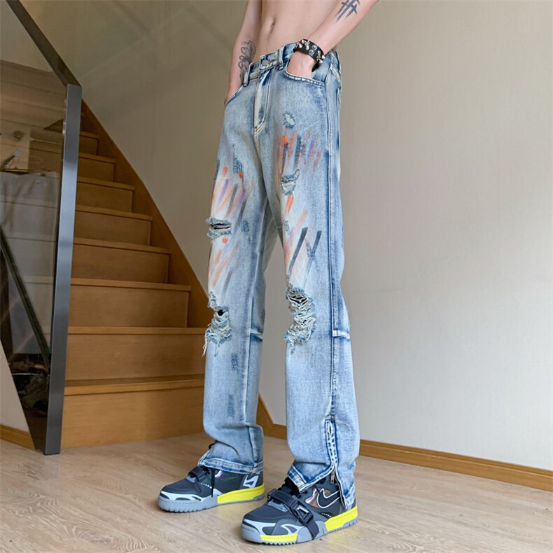 B221 美式ins嘻哈色彩涂鸦小众拉链破洞牛仔裤 LK23085-P65 控88图片