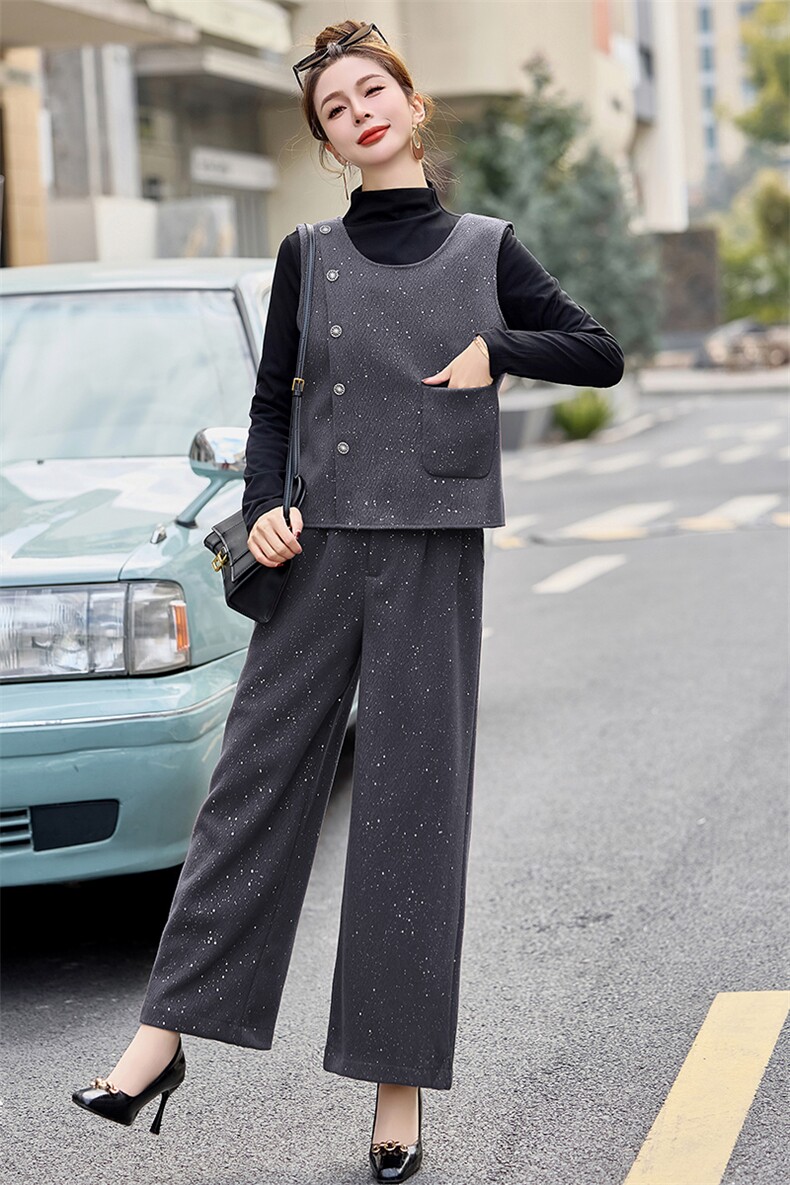 2025新款春装法式后背蝴蝶结马甲阔腿裤三件套,女装套装/套裙,韩蔻秀