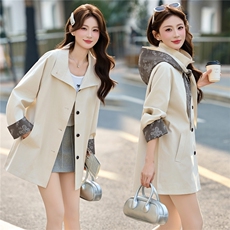 风衣女2026春装新款时尚气质印花连帽小个子短款外套，女装风衣，天丝秀