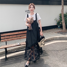 休闲T恤蕾丝拼接背带连衣裙女夏2025新款甜美显瘦两件套爆款长裙，女装连衣裙，浙宝208