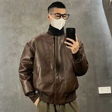 抖音得物高品质美式高街复古老钱风PU皮夹克外套男女短款机车皮衣，男装夹克，电商A486