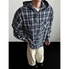 抖音时尚刺绣连帽男士衬衫休闲情侣格子衬衣CS808-P38，男装衬衫，电商A006