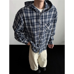 抖音时尚刺绣连帽男士衬衫休闲情侣格子衬衣 CS808-P38图片