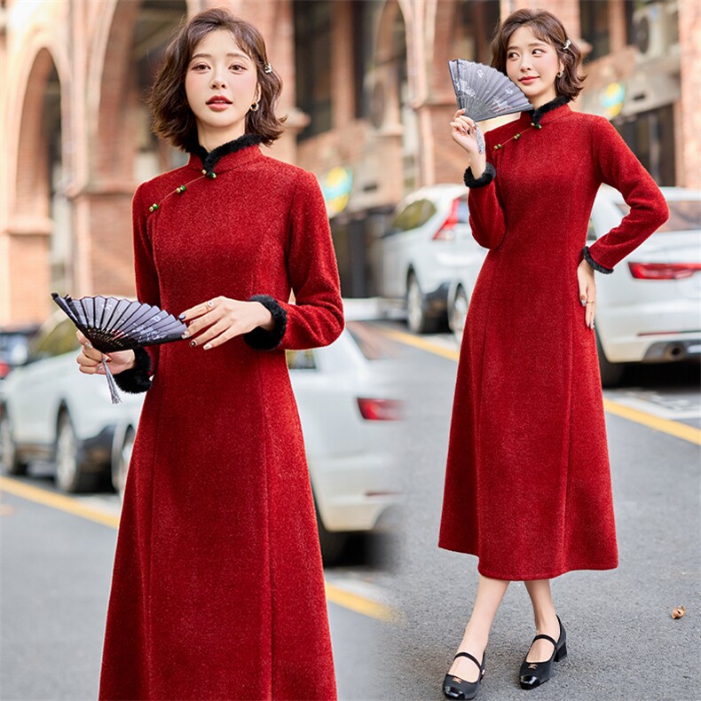 水衣源8105款冬季水貂绒（加厚面料）修身气质旗袍裙，女装汉服/婚纱/旗袍/礼服，水衣源