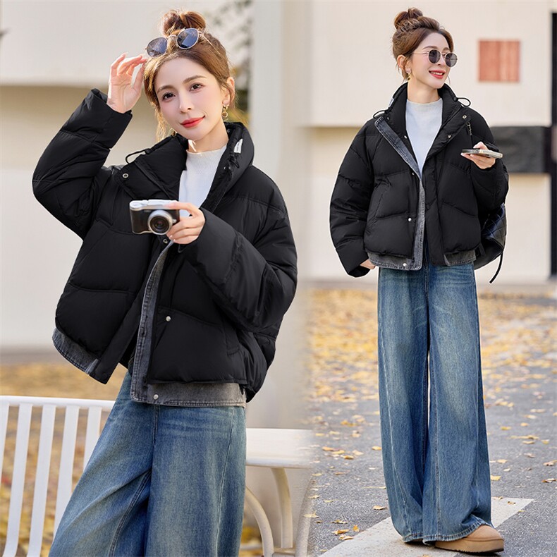 2025新款冬季牛仔拼接立领短款羽绒服外套，女装羽绒服，E百度
