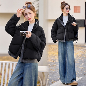 2025新款冬季牛仔拼接立领短款羽绒服外套图片