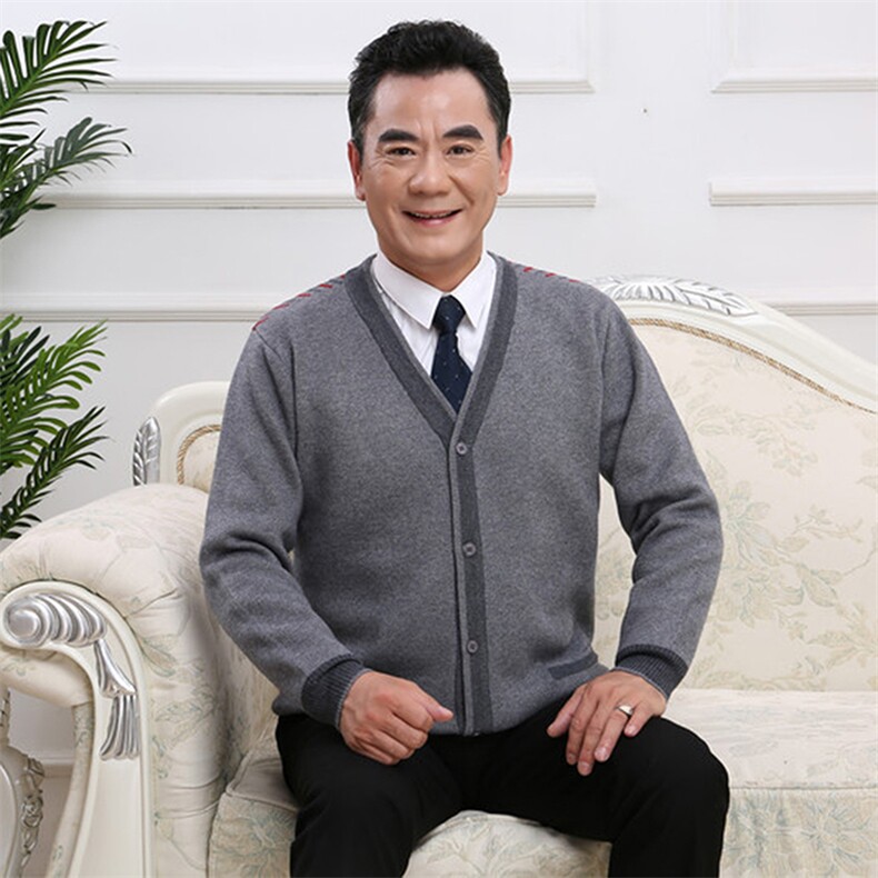 羊毛衫男开衫中老年人爸爸装红色毛衣加厚爷爷保暖外套V领针织衫,男装针织衫/毛衣,亚东羊绒制品