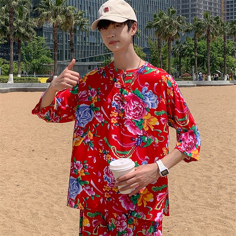 A340男士休闲大花透气凉爽风T恤七分袖春夏秋大妈套头衫团队,男装T恤,星座115A(原星座507）