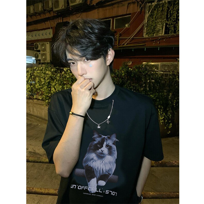 设计感小猫印花短袖T恤男款美式高街情侣半袖1015-T500-P50,男装T恤,四季星座1015