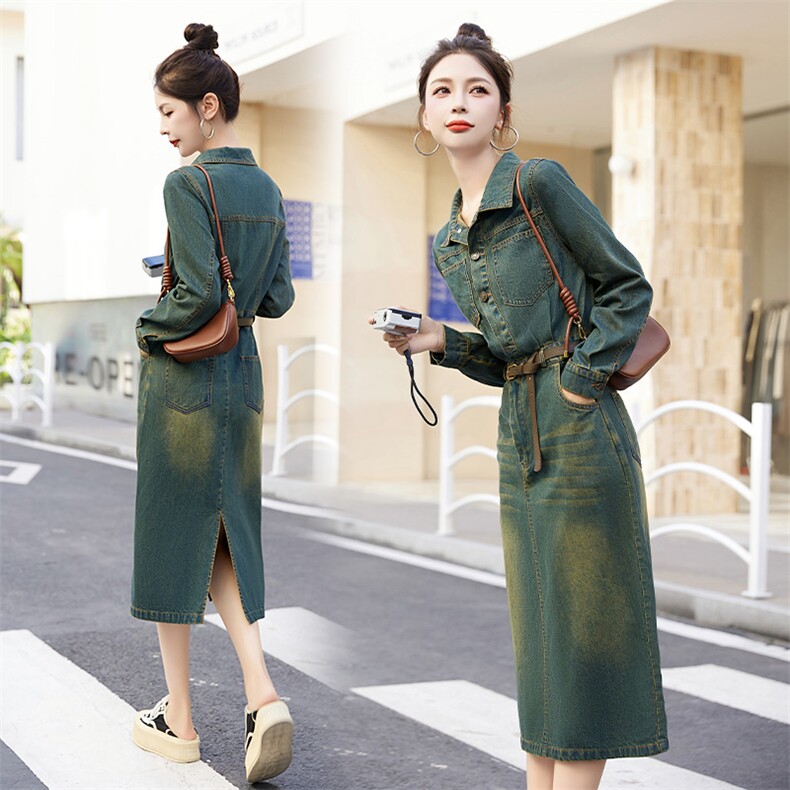 西湖阁老【汇】春季开叉过膝显腰身棉质牛仔连衣裙309剪标，女装连衣裙，布芭啦