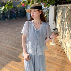 法式气质蕾丝拼接套装女2026夏季新款高级感时髦洋气阔腿裤两件套，女装套装/套裙，水衣源