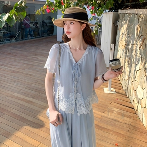 法式气质蕾丝拼接套装女2026夏季新款高级感时髦洋气阔腿裤两件套图片