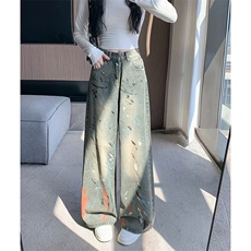 美式泼漆涂鸦阔腿牛仔裤女新款复古做旧直筒裤子NA1880，男装牛仔裤，星座1116A（原606A-3）