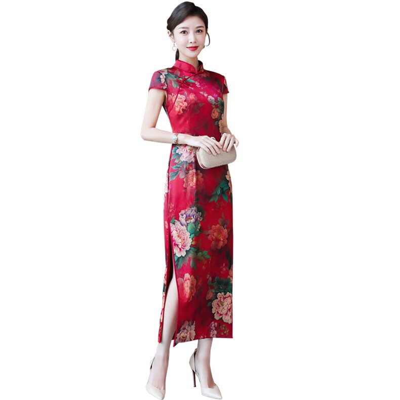 2026春夏季新款专柜品质真丝优雅时尚印花长款婚礼旗袍连衣裙,女装连衣裙,小荷流