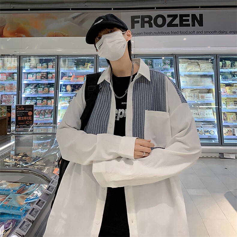 长袖拼色条纹衬衫男港风日系外套C84P35，男装衬衫，星座1116-2