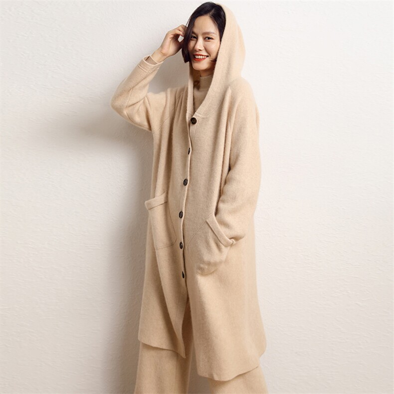 2024年秋季连帽直筒型中长款单排扣长袖山羊绒大衣，女装羊绒大衣，五色羊羊绒