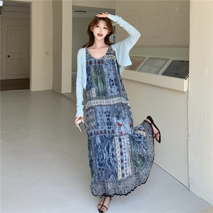 2025年夏季新款韩版休闲宽松显瘦压褶气质吊带裙蓝色开衫两件套女图片