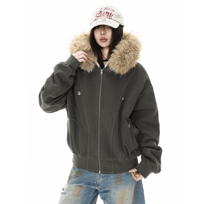 现货重磅boxy短款棉衣座山雕大毛毛领男女棉服水洗工装厚外套,男装棉衣,电商A486