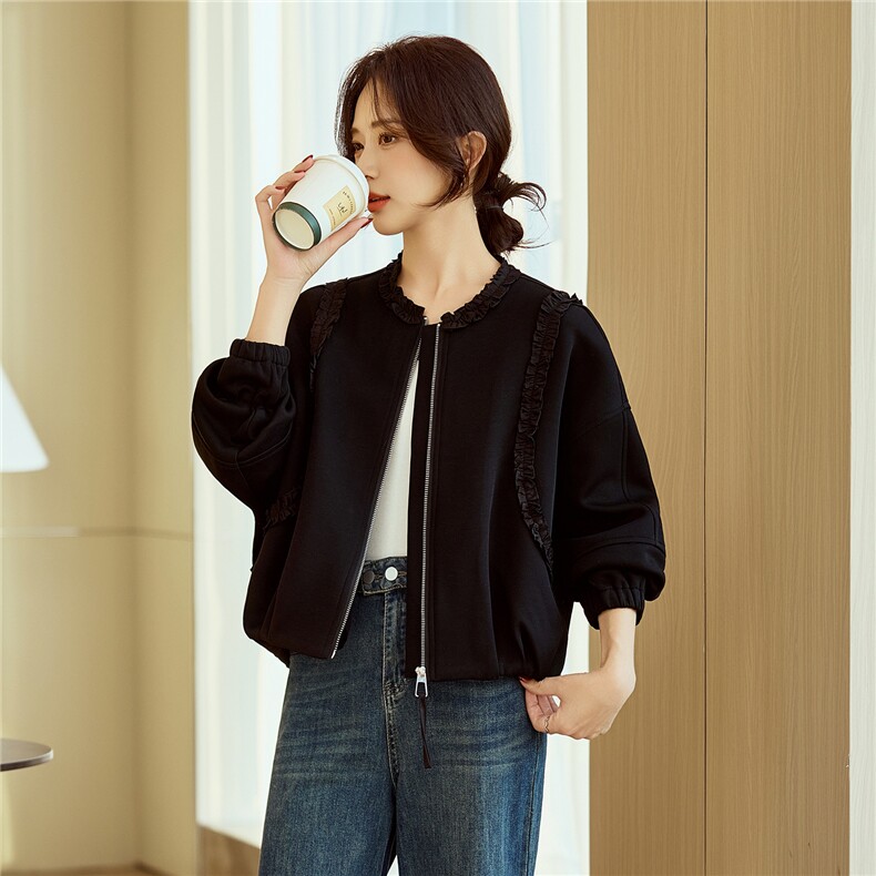黄色小众设计木耳边圆领短外套女2026早春新款宽松休闲百搭夹克,女装短外套,梦懿尔