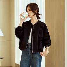 黄色小众设计木耳边圆领短外套女2026早春新款宽松休闲百搭夹克，女装短外套，梦懿尔