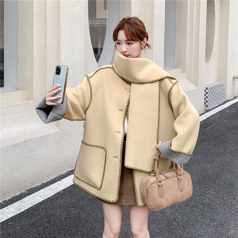 两面穿配围巾双面羊毛大衣女短款毛呢外套，女装毛呢外套，浙宝290（原306）