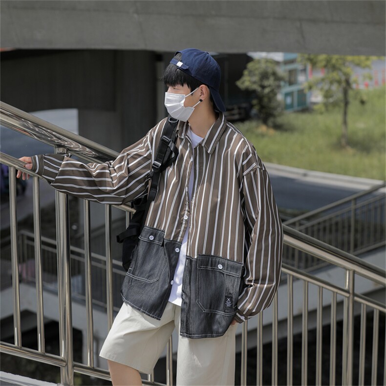2024秋装新款做旧长袖衬衫男条纹宽松休闲衬衣多口袋C208P45,男装衬衫,电商C323
