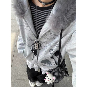 现货DA261-批65美式复古白色毛领连帽卫衣男女秋冬新款图片