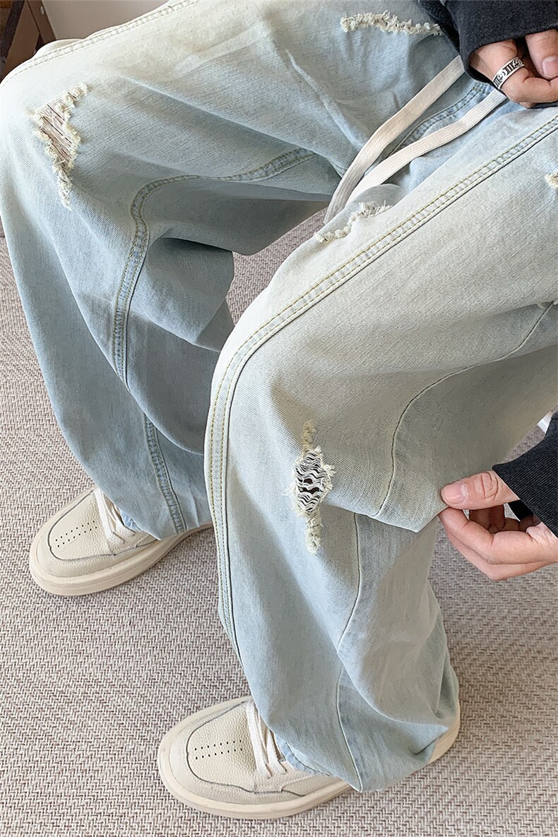 S-3XL夏季薄款冰丝裤直筒宽松破洞牛仔裤310A-2BK312p55控78,男装牛仔裤,星座310A-2