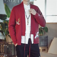 9053*咖啡厅中国风男士仙鹤绣花长袖开衫毛衣针织衫男酒红*P85，男装针织衫/毛衣，星座1516（原B303）