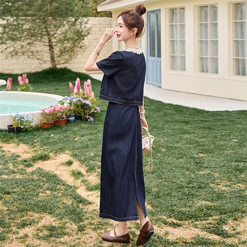 现货可推2025夏季新款小香风时尚甜美拼接牛仔套装两件套,商品下架区,然然