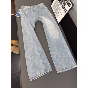 新款提花高街潮设计感牛仔裤男宽松直筒水洗阔腿长裤WLA1100-P48图片
