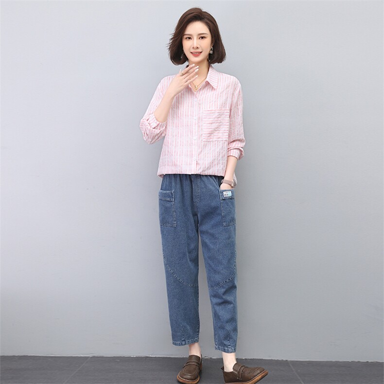 2023年春夏季条纹衬衣拼接水洗套装,女装套装/套裙,叶笙衣