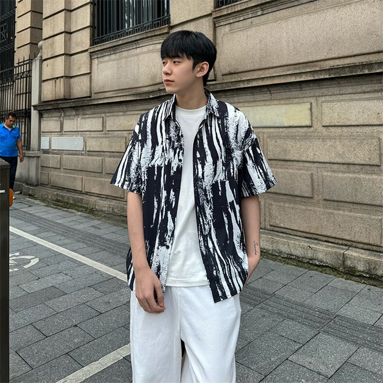 CS506～批35控49有货（自家图）黑白水墨花痞帅衬衫男生短袖夏季,男装衬衫,星座218-5