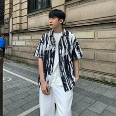 CS506～批35控49有货（自家图）黑白水墨花痞帅衬衫男生短袖夏季，男装衬衫，星座218-5