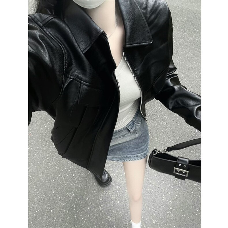 垫肩皮夹克短款复古纯色PU皮机车外套男女同款DY198-P80图片