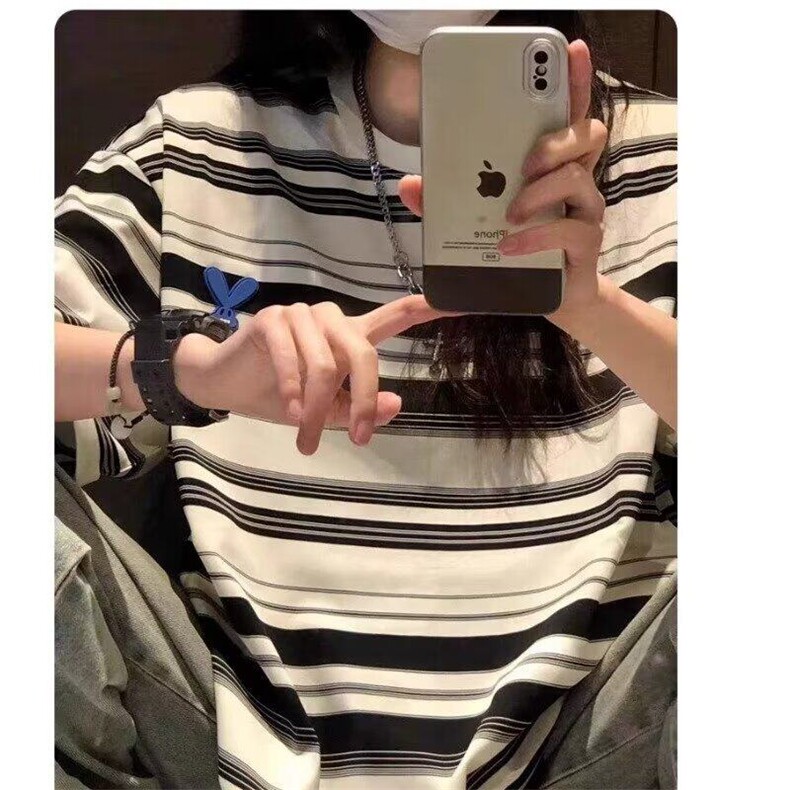 重磅蓝白条纹t恤男小领口中性少年感穿搭男生短袖宽松日系七分袖,男装T恤,星座1008
