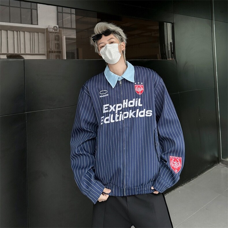 复古撞色条纹翻领夹克外套男女春秋宽松设计工装刺绣棒球服JY178,男装夹克,星座1116A-1（原606A）