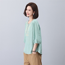 2023夏季纯苎麻刺绣简约气质V领宽松时尚休闲显瘦舒适上衣，女装衬衫，独衣靓