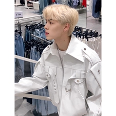 美式复古高街白色皮衣外套男春秋款潮牌小众高级感短款机车服夹克，男装皮衣，星座1210-1