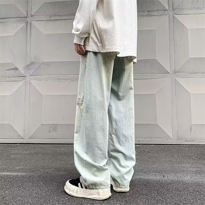 美式高街破洞牛仔裤男秋款潮牌复古宽松阔腿欧美直筒裤N6096-P43,男装牛仔裤,星座308B-1