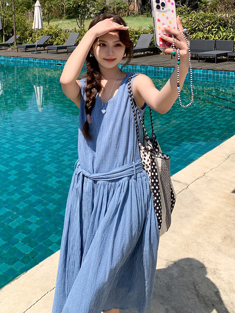 蓝色简单大方的连衣裙女夏季2025新款气质温柔风收腰显瘦法式长裙,女装连衣裙,浙宝305