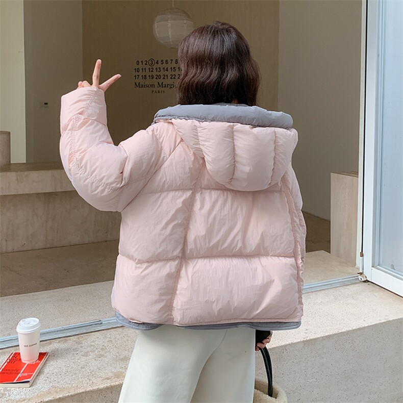 50%白鸭绒粉色撞色拼接连帽羽绒服外套2C317A-8535-P245-K358,女装羽绒服,2C317A