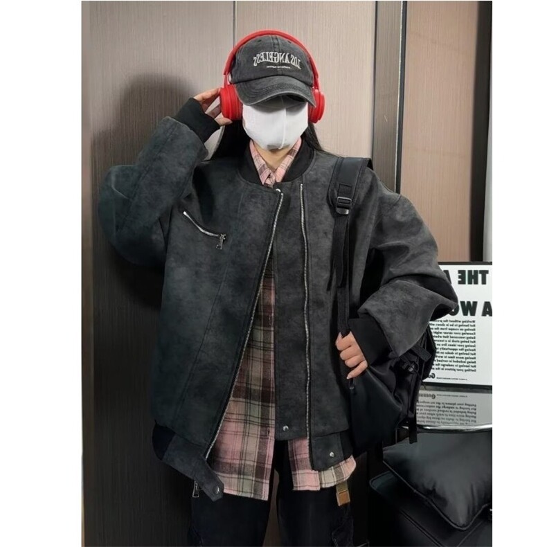 F078-P76ins气质潮流百搭时尚文艺无品牌春季高级感水洗皮衣,男装皮衣,电商B323A