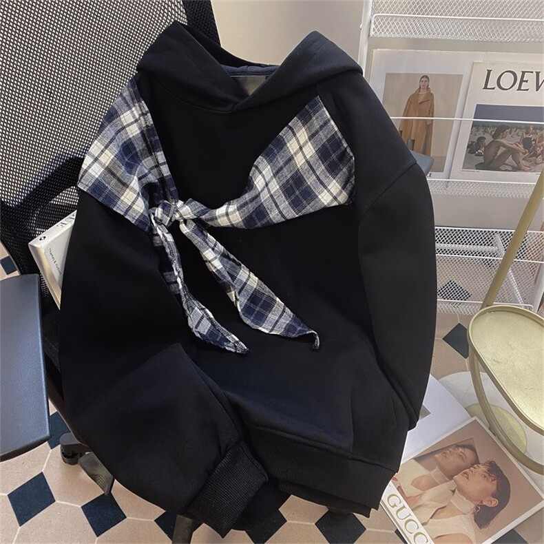 拼接格子绑带设计重磅秋冬全棉高品质美式高街连帽卫衣外套Y7803，女装短外套，电商A486-1