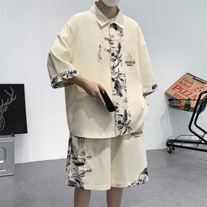 新中式竹纹拼接短袖衬衫夏季风潮牌半袖衬衣外套 A436-T18-P65图片