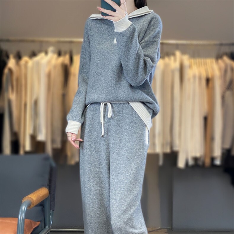 时尚拼色拉链套装舒适显瘦羊毛两件套,女装套装/套裙,宛庄羊绒