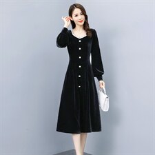 2021春季新款潮流时尚优雅单排扣修身金丝绒连衣裙，女装连衣裙，贵人树