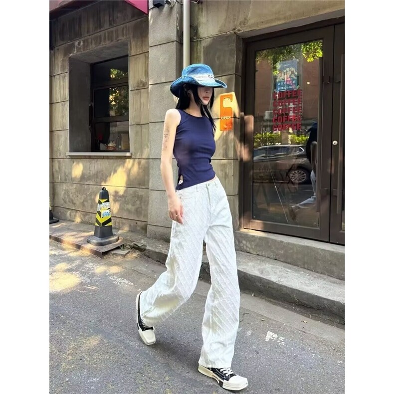 白色宽松新款提花牛仔裤休闲裤女早春高腰直筒裤拖地阔腿裤长裤子,男装牛仔裤,星座506A