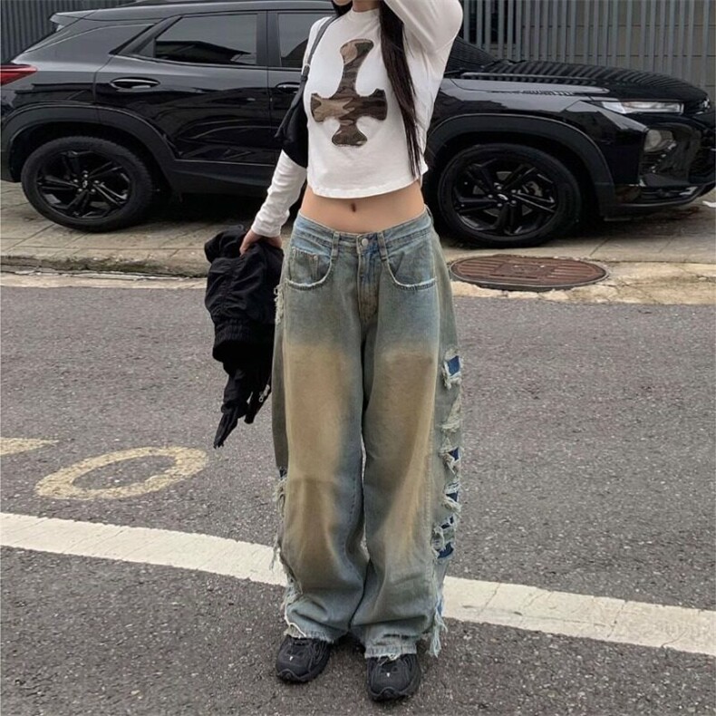 男女潮款流苏破洞牛仔裤垂感长裤水洗牛仔裤朋克风直筒裤腿青少年,男装牛仔裤,星座506A