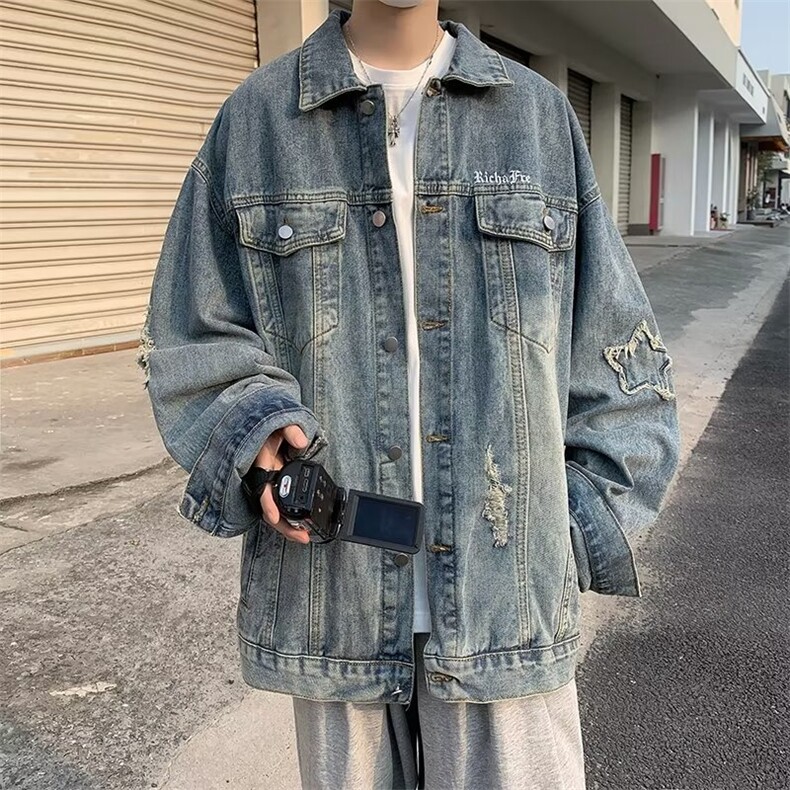 美式复古牛仔外套男春秋款潮牌水洗渐变炸街夹克痞帅M2076-P63,男装夹克,星座1109-3